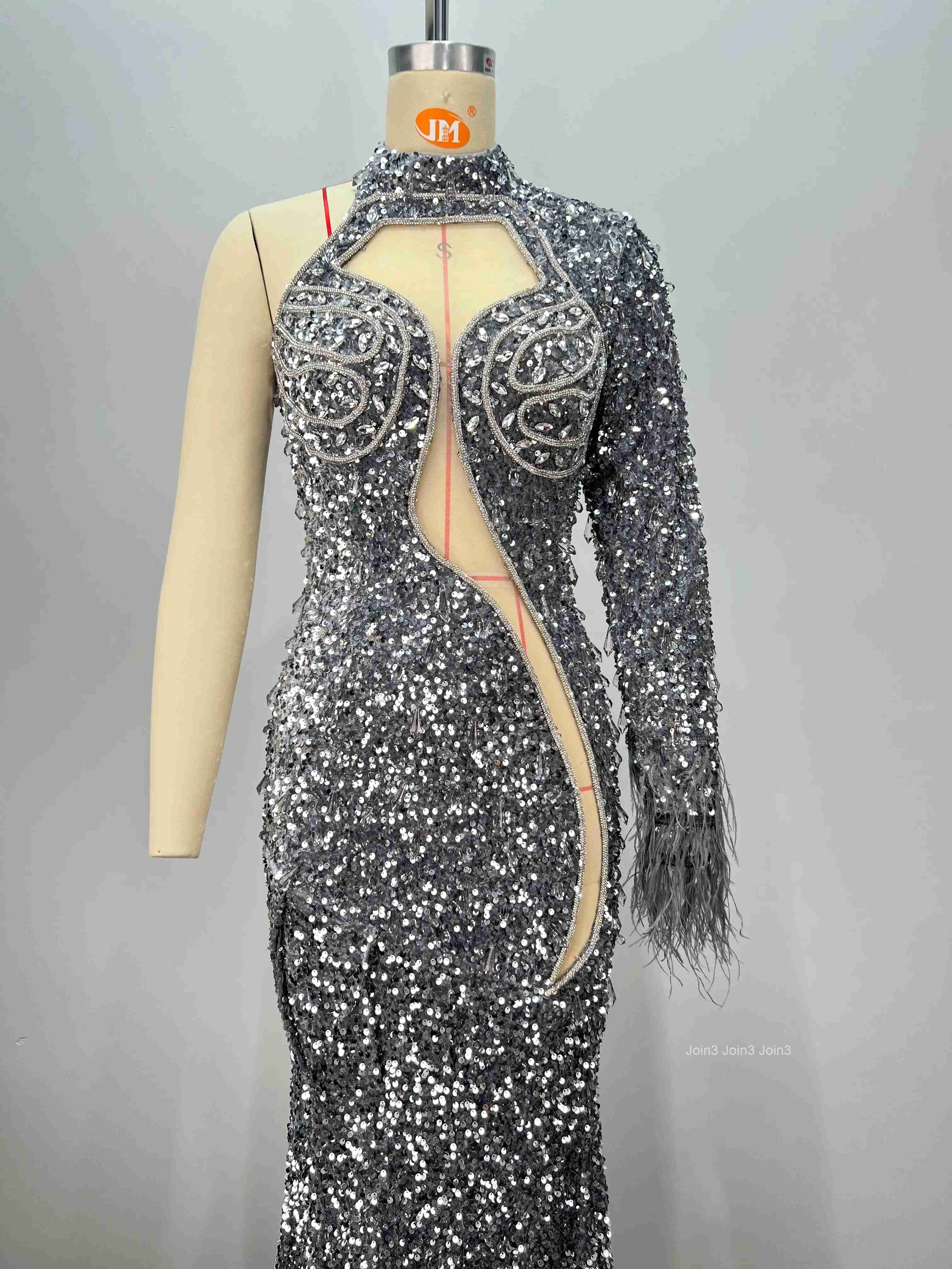 Womens Silver Sequin Bandage Dress One Shoulder Fringe Sleeve Embroidered Mermaid Gown Feather Trim Evening Party Dress