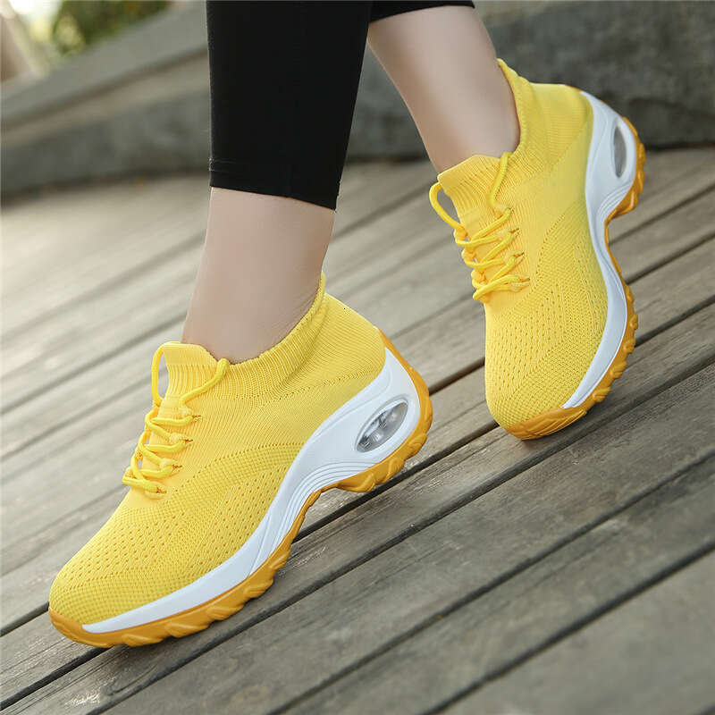 Air Cushion Women's Thick Sole Height Increasing Ladies Sports Casual Fashion Lightweight Flyknit Breathable Trendy Shoes