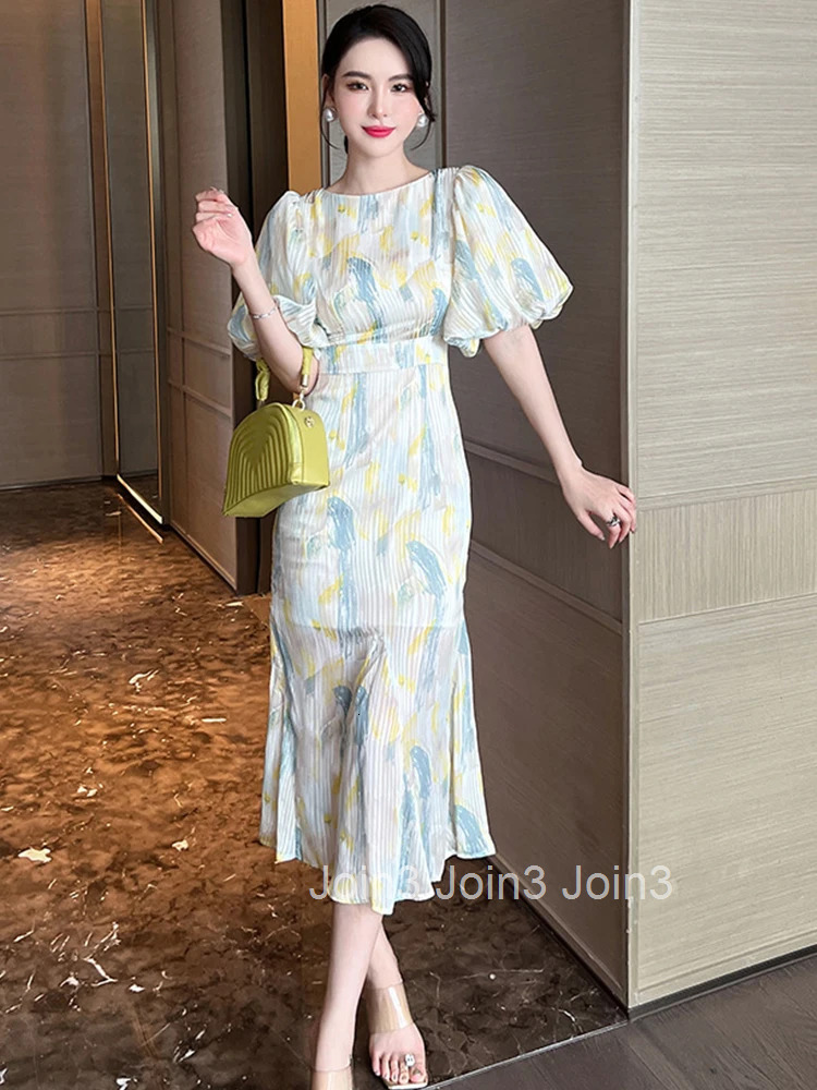 Satin Elegant Women Evening Dress Sheer Puff Sleeve Mermaid Midi Party Gown Robe Femme Ropa Mujer Verano Vestidos High Quality