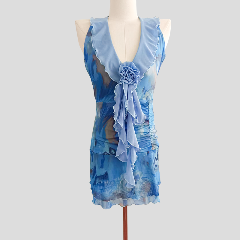 Blue Floral Print Dress with Ruffled V - neck and Chiffon Flower, Women's Party Style