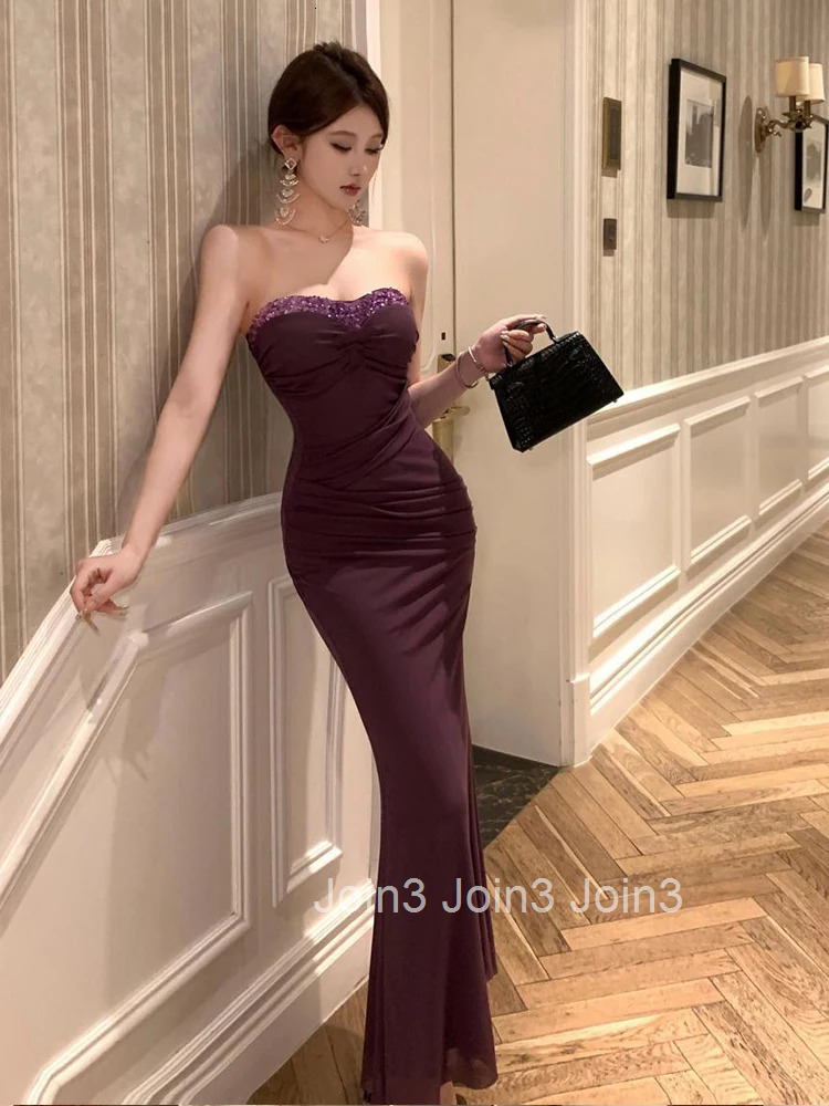 Women Clothes Vintage Sequin Purple Sexy Strapless Skinny Evening Long Dress Elegant Fashion Party Prom Vestidos Robe Beach New