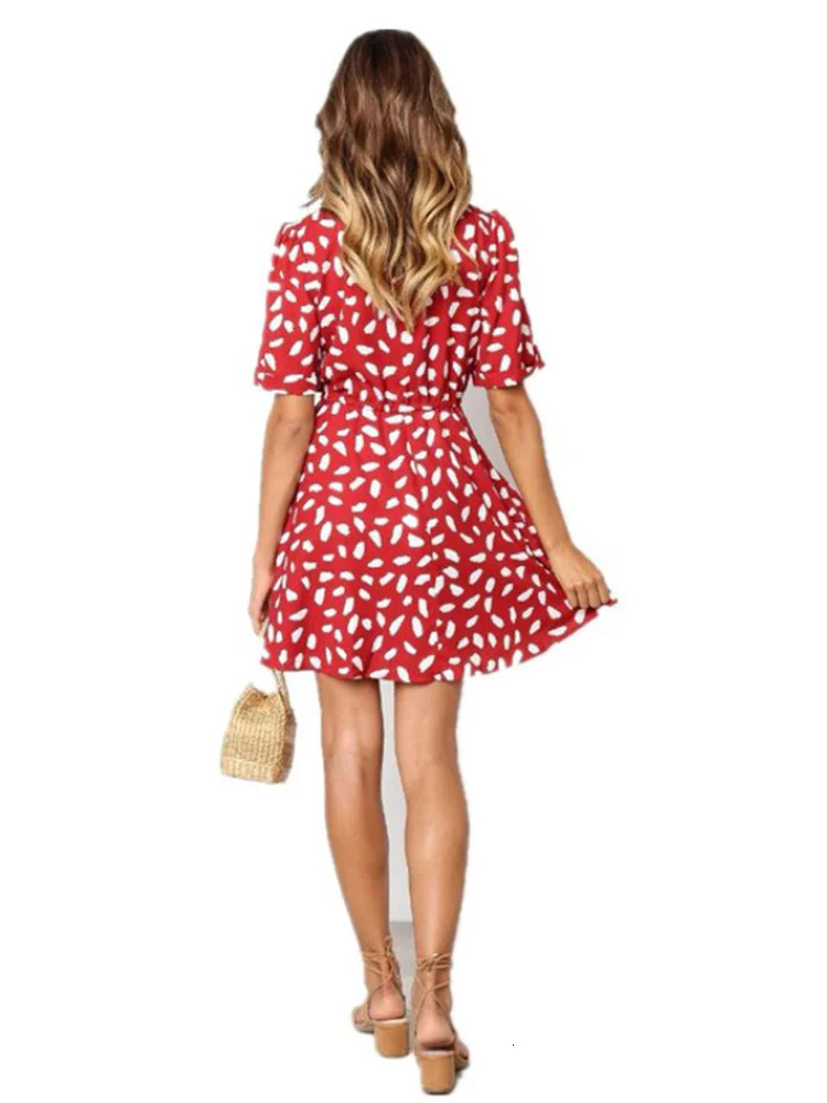 White Sand Spot Mini Summer Women V Neck Casual Beach Sundress Sexy Botton Wrap Bodycon Dress Female 250614