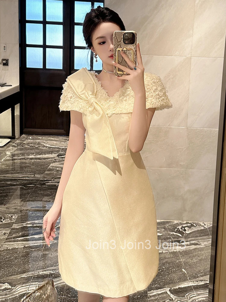 New Summer French Fashion Sweet Bow Gown Evening Dress Women Clothes Elegant V-Neck Slim A-Line Mini Short Party Prom Vestidos