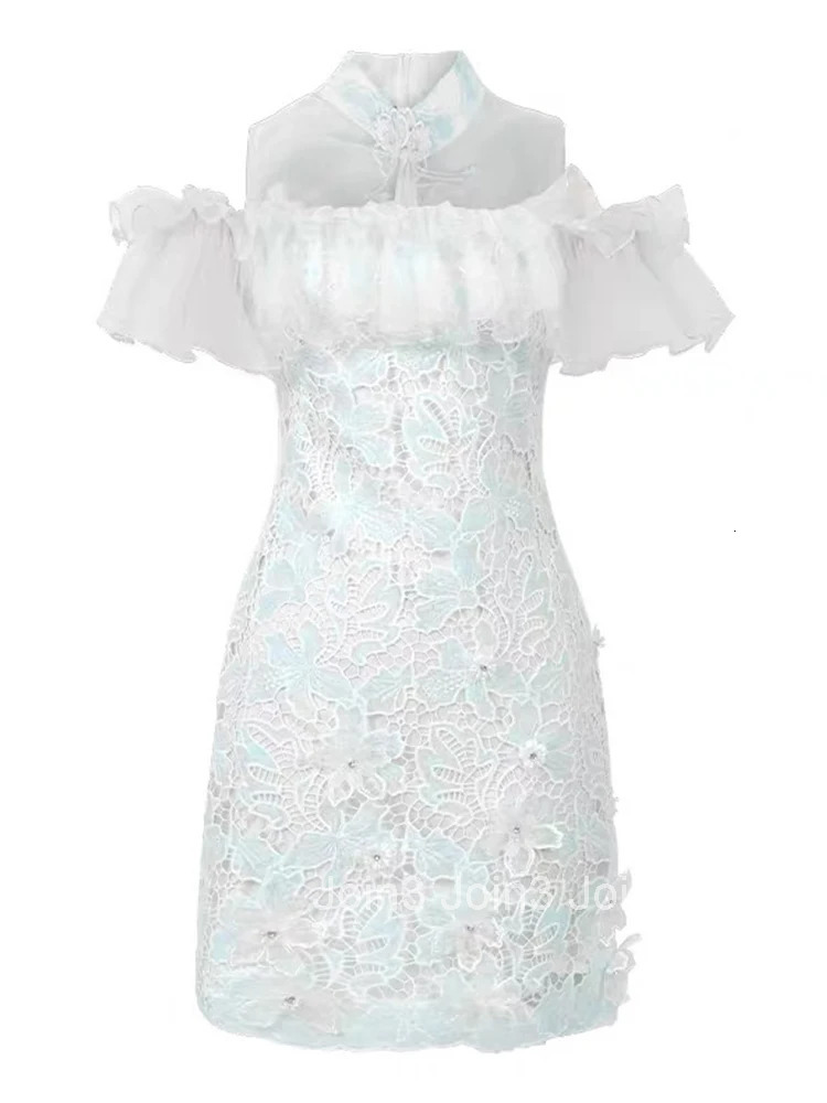 Summer Fashion Lace Floral Vacation Evening Dress Women Clothing Sweet Elegant Sheer Sexy Short Sleeve Slim Party Prom Vestidos