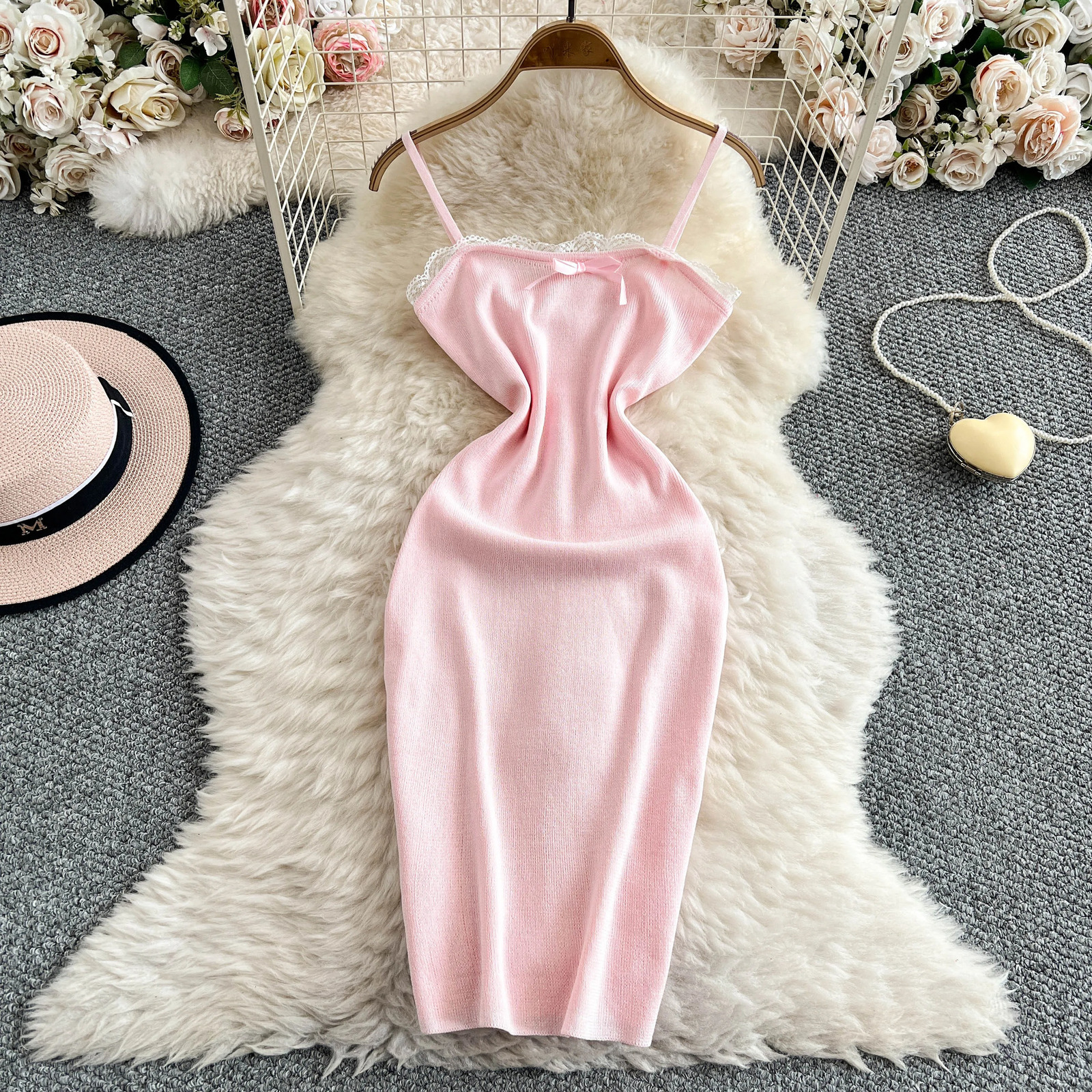 2025 Summer Women Sweet Sexy Sleeveless Bodycon Knitted Strap Dress Lace Patchwork Solid Color Elastic Slim 250616