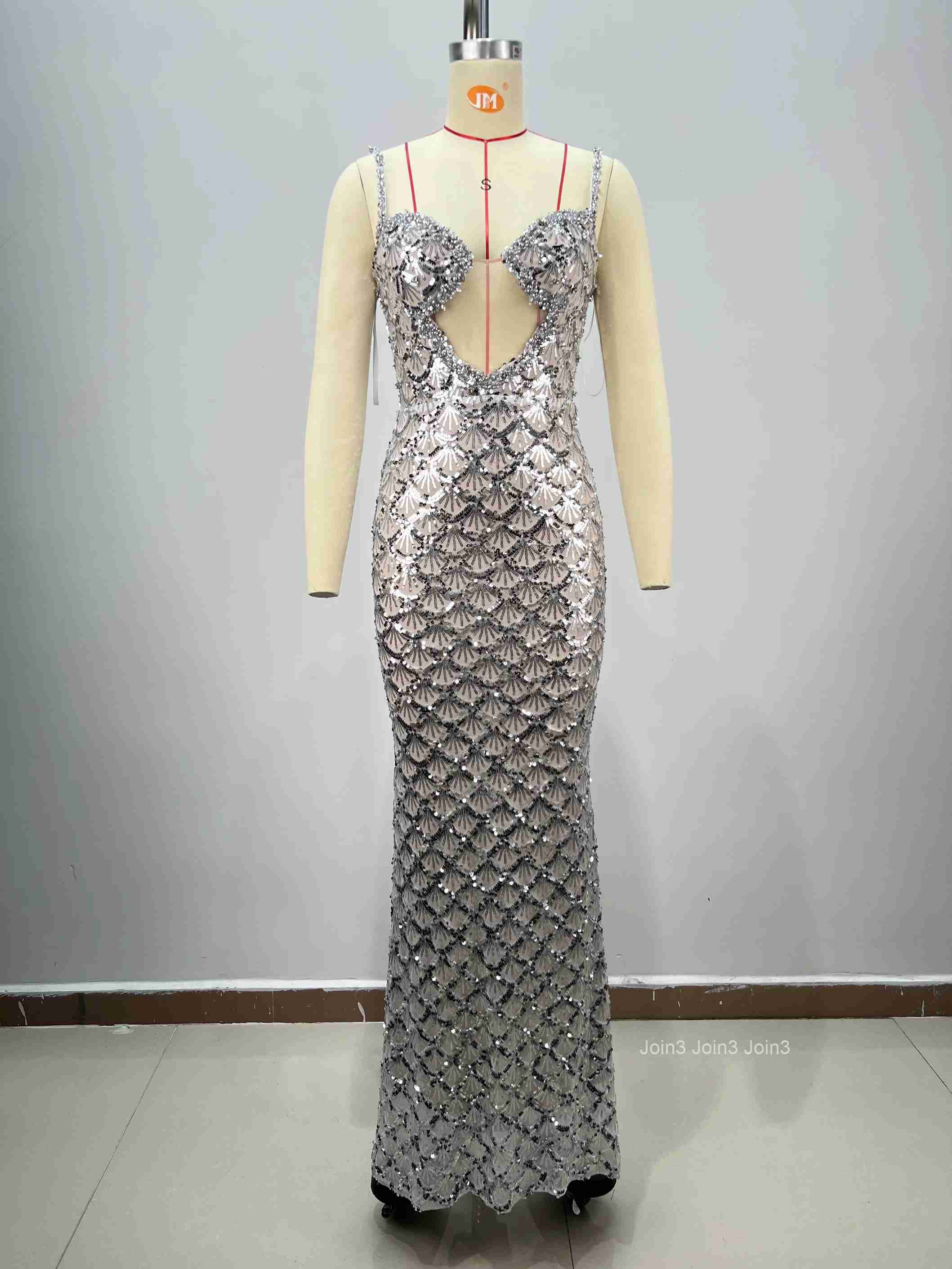 Pearl White Illusion Evening Gown Crystal-Embroidered Sequined Bridal Dress w/Deep V Neck - Wedding Gala Formal Attire