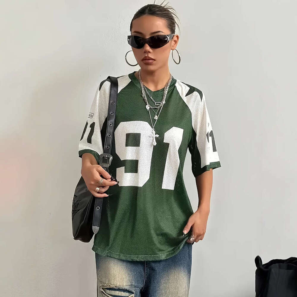Cross-Border Design Sense Sports Style Digital Print Color-Block Mesh Short Sleeve T-Shirt Loose Top