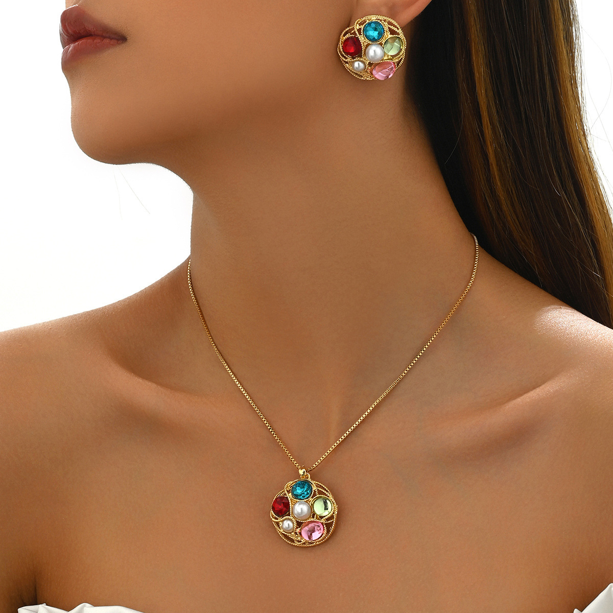 Women's Jewelry Set Inlaid Wrapped Design Long Necklace Pendant Earrings