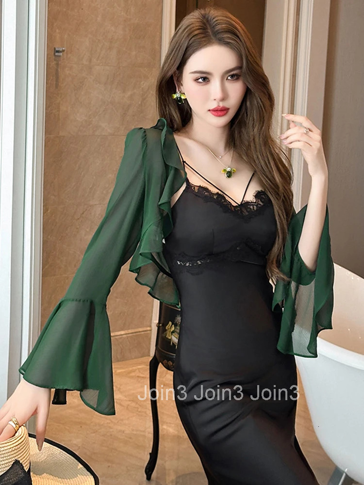 Summer Thin Chiffon Ruffle Short Cardigan Women Fashion Elegant Sweet Solid Flare Sleeve Cropped Tops Female Beach Vacation Coat