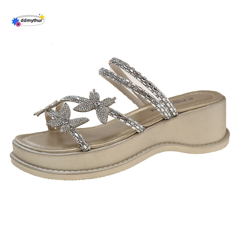 Fairy Rhinestone Two-Way Thick Sole Slippers 2025 Summer New Fashion Mid-Heel Versatile Women's Shoes Outdoor Sandals ddmythur
