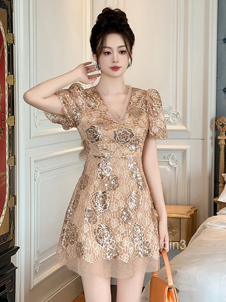 New Summer Fashion Casual Lace Sparkly Sequin Evening Dress Women Clothes Sweet Retro Puff Sleeve Slim Mini Short Party Vestidos