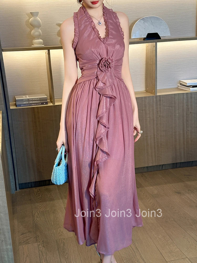 Summer Sweet Pink Ruffle Vacation Gown Evening Dress Women Clothes Elegant Sexy V-Neck Slim Maxi A-Line Robe Party Prom Vestidos