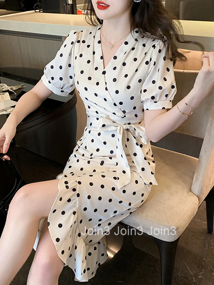 Summer Elegant Office Women Short Dress Formal Chic Satin Vintage Dot Sexy V-Neck Slim Mini Party Mujer Vestidos Street Clothes