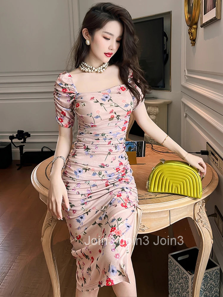 Korean Women Evening Dress Cotton Vintage Sweet Square Collar Folds Bodycon Midi Party Beach Stretchy Robe Femme Mujer Vestidos