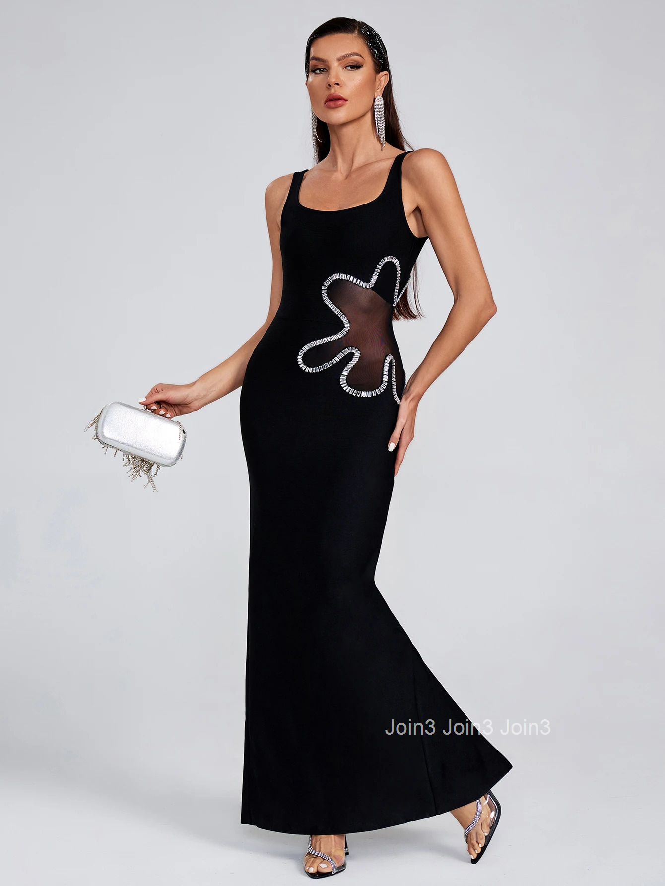 Black Bandage Dress For Women Fashion Waist Side Gauze Splicing Diamonds Decoration Design Long Skirt Evening Party Vestidos