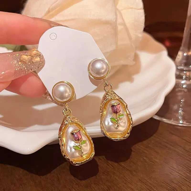 Baroque Imitation Pearl Flower Waterdrop Dangle Earrings for Women Painting Style Elegant Punk Simple Jewelry Trend Accessories XJ250623