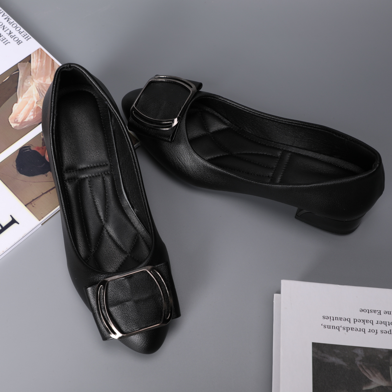 5536-Women's spring new fashion pointed toe cover with thick sole suitable for parties and office ladies light metal buckle