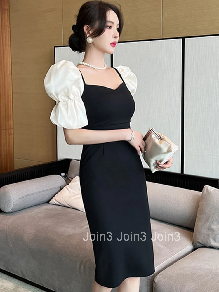 Fashion Korean Elegant Women Evening Dress Black Temperament Vintage Square Collar Slim Slit Midi Party Club Femme Mujer Vestido