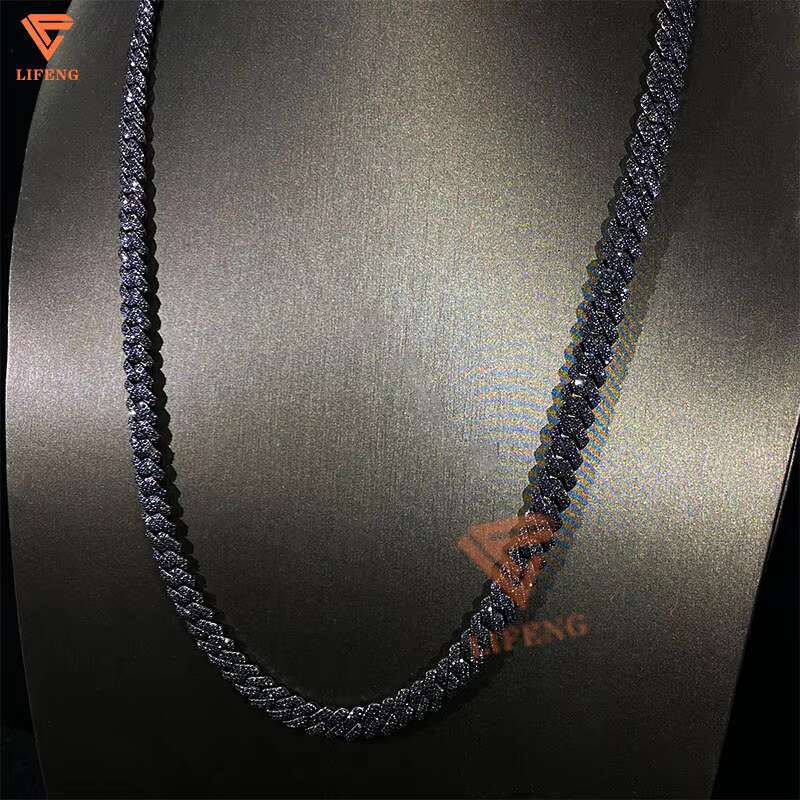 Hot Selling Black Diamond Cuban Chain 8mm 2 Rows 925 Silver Black Gold Plated Iced Out Chain Moissanite Cuban Link Chain