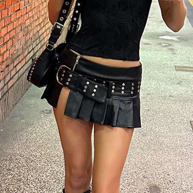 Punk Style Rivet Belt Split Leather Fashion Street Sexy Low Waist A-Line Pleated Skirt B5
