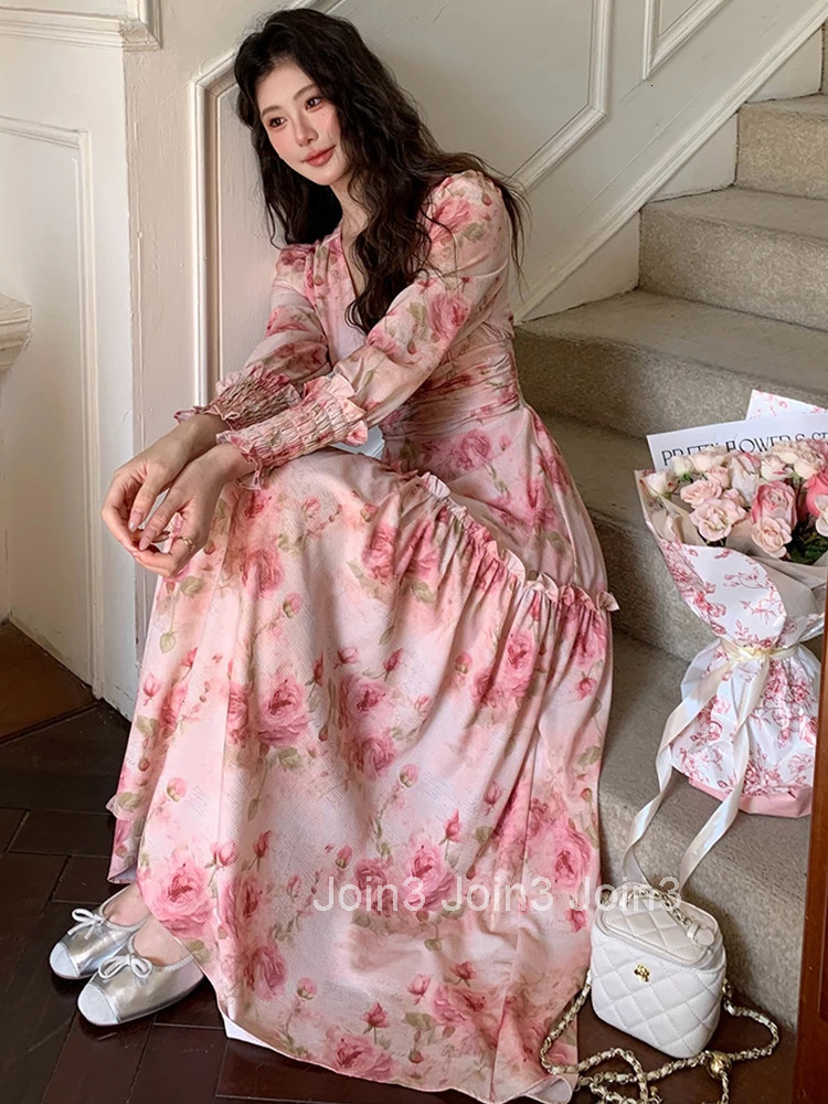 French Romantic Flowers Printed Holiday Dress Women Style Elegant Pleated Ruffle Swing Long Robe Female Vacation Beach Vestidos