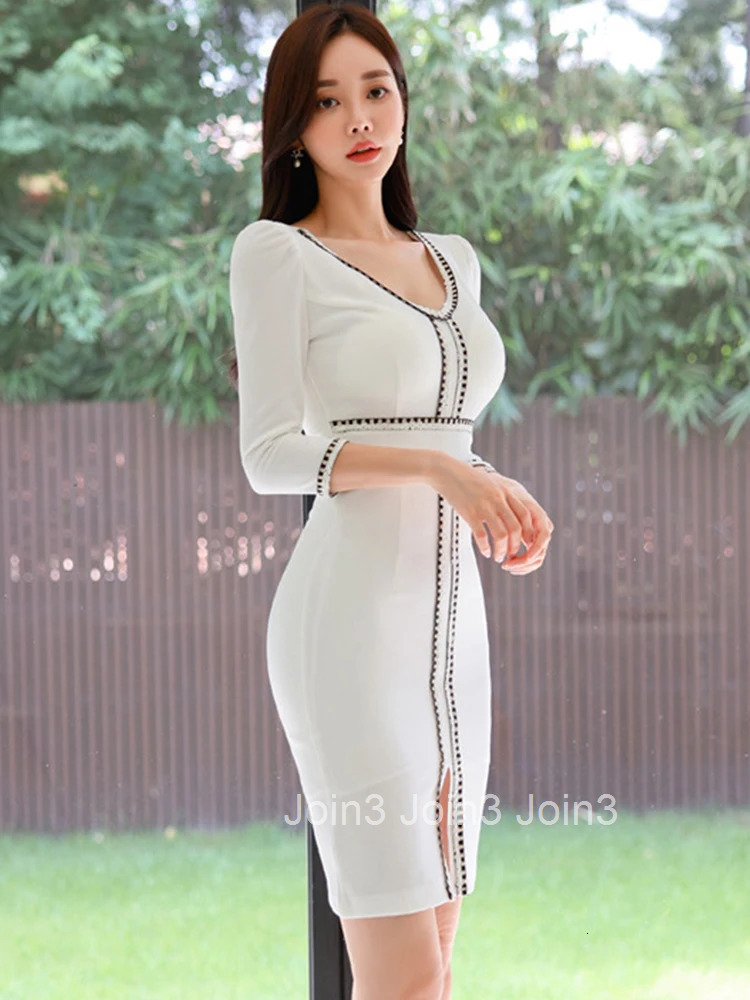 New Spring Ladies Work Style Formal Pencil Dresses Women Clothing Elegant Office Commute White V-Neck Slim Dress Mujer Vestidos