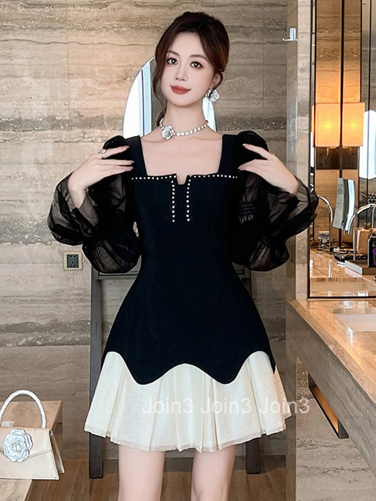 Autumn Fashion Casual Black Square Collar A-Line Short Dress Women Clothes Retro Puff Sleeve Slim Mini Party Club Prom Vestidos