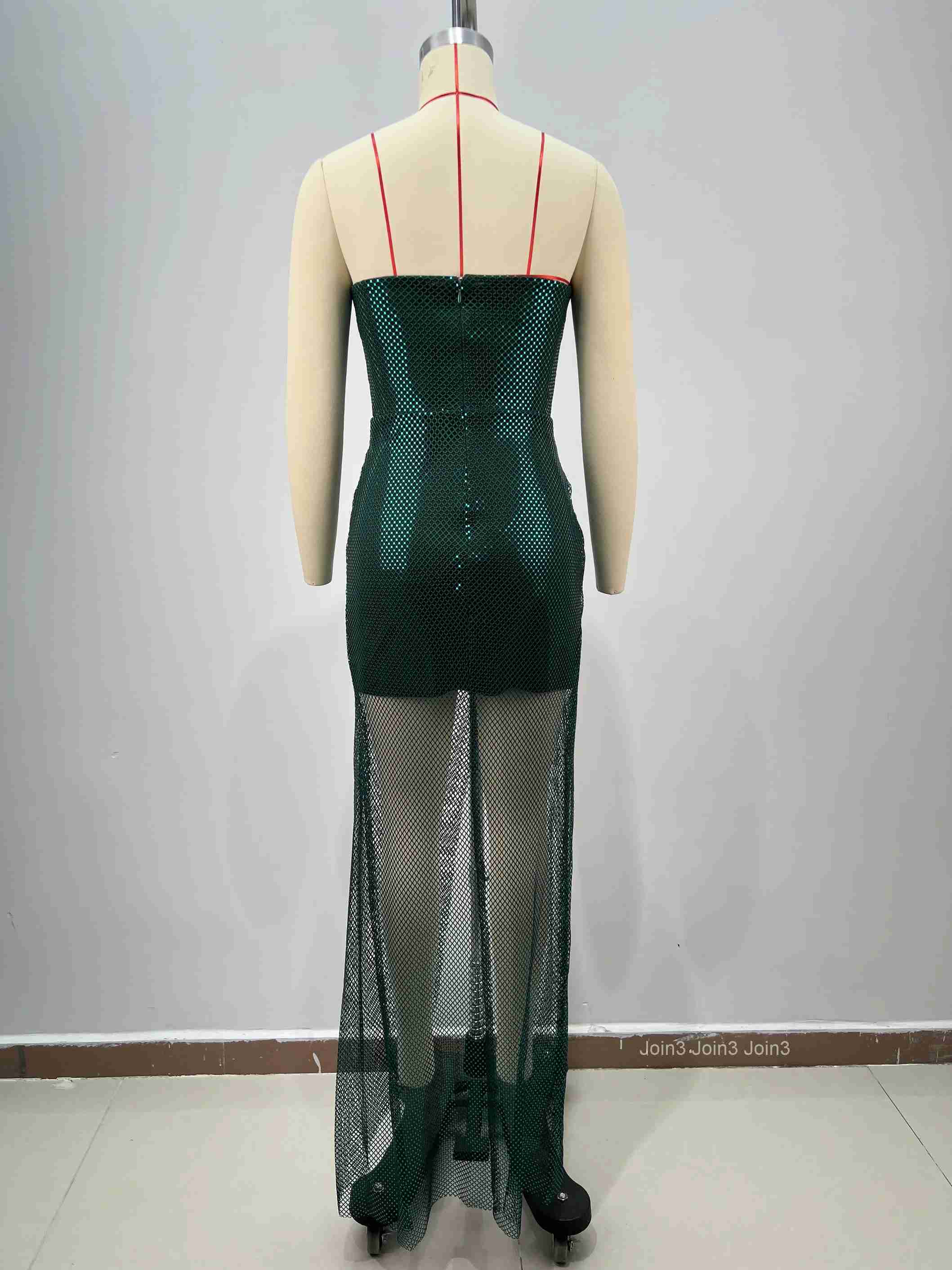 Womens Green Bandage Dress Off-Shoulder Sequin 3D Floral Appliques Cut-Out High Slit Sheer Mesh Evening Gown