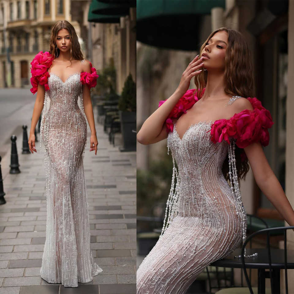 Illusion Beading Mermaid Wedding Dress Sweetheart Pearls Tassels Bridal Dress Floor Length Ruffle Customized vestidos de novia