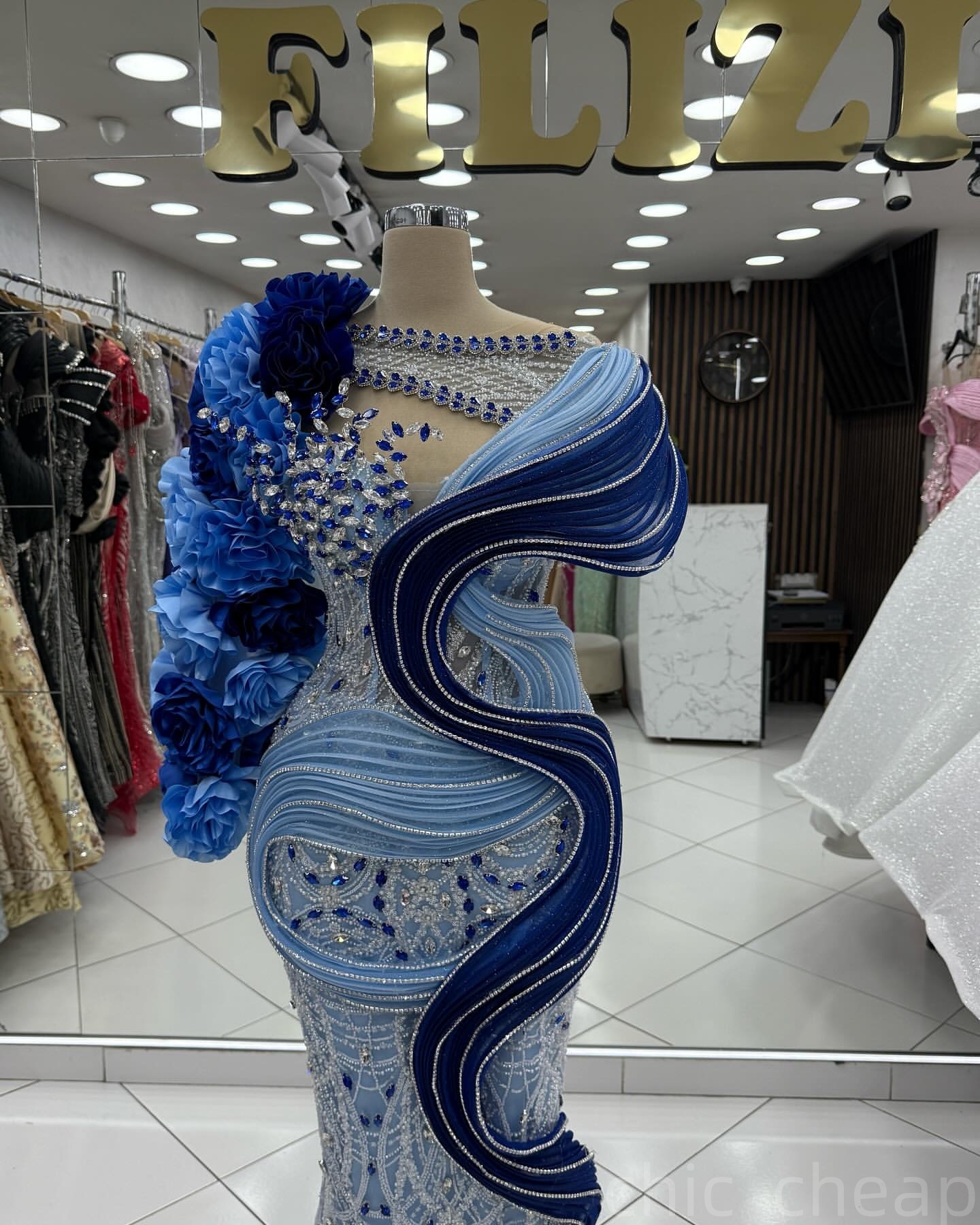 Light Sky Blue Mermaid Prom Dresses 2025 Flowers Crystals Sequined Evening Formal Party Second Birthday Engagement Gowns Plus Size Dress For Special O