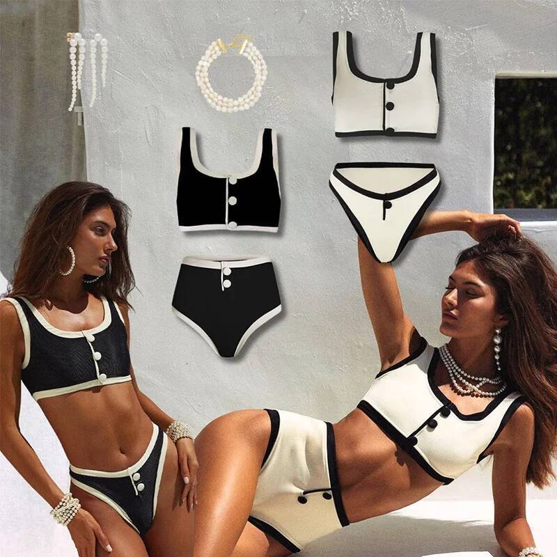 Sexy Black White Bikinis Set, High Waist Swimsuit With Color Block, Perfect For Vacation And Pool Party