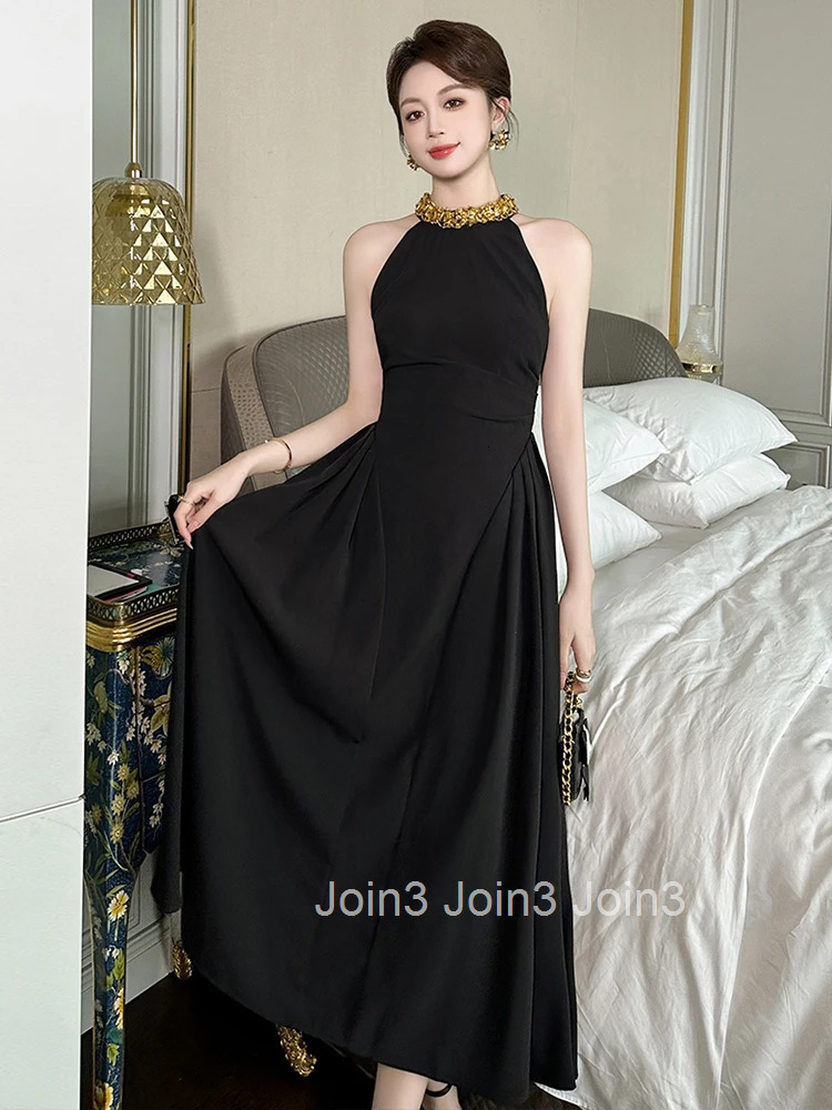 Summer Fashion Black Sexy Halter Evening Dress Women Clothes Elegant Sleeveless Slim Midi A-Line Robe Party Club Prom Vestidos