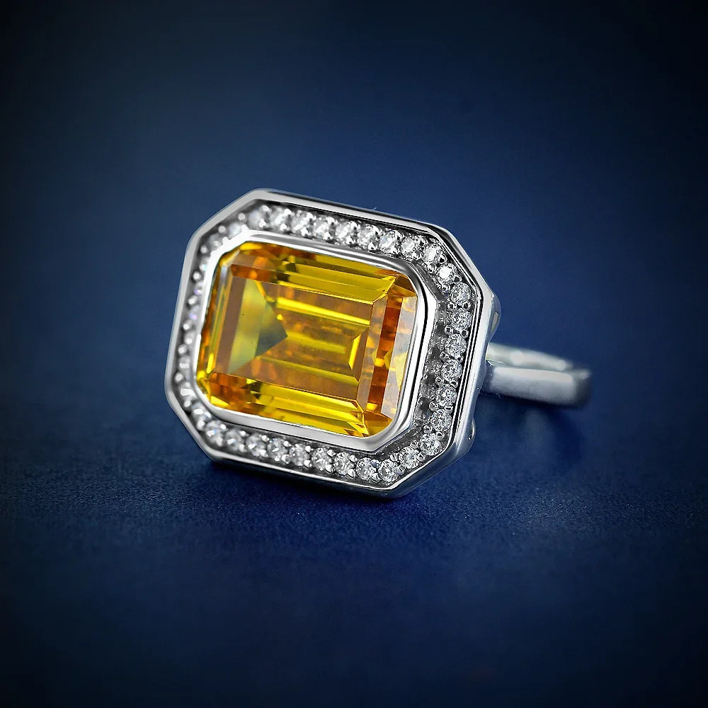 PANSYSEN 925 Sterling Silver 10*14MM Emerald Cut Citrine High Carbon Diamond Gemstone Ring For Women Party Fine Jewelry 250617