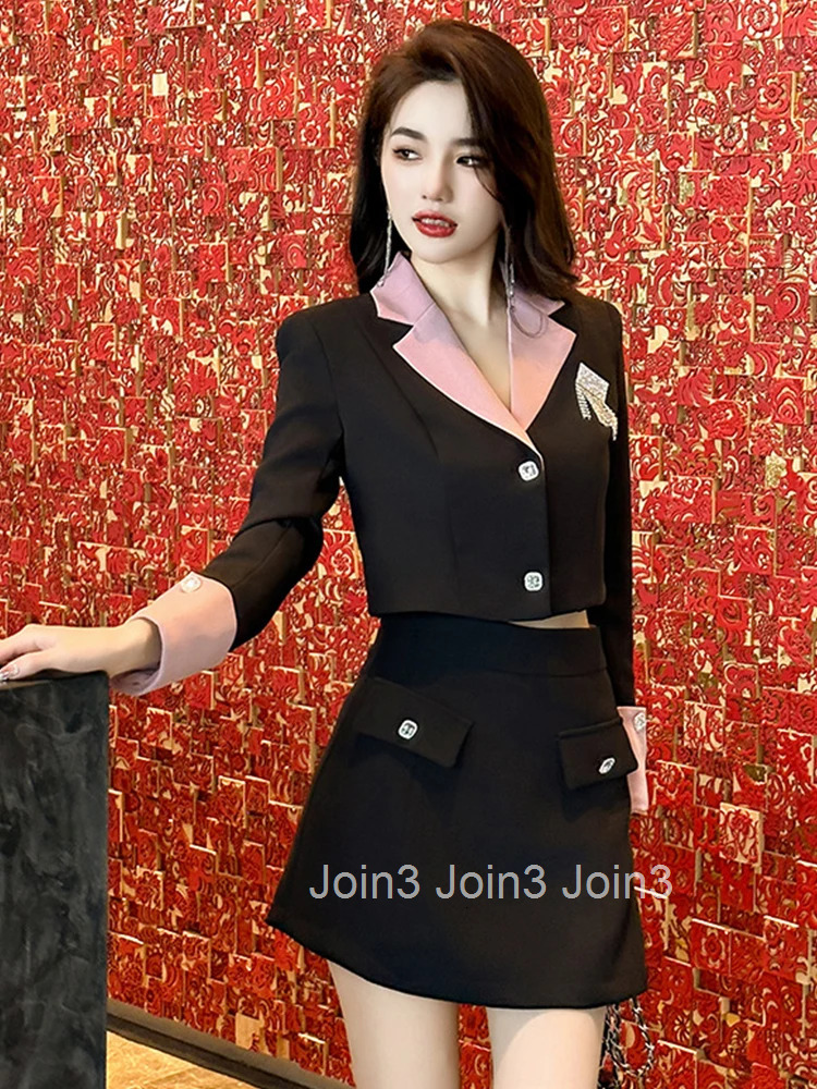 New Fashion Ladies Black Formal 2 Pieces Outfit Suits Women Clothing Cropped Tops Coat Blazer Suit And Mini Skirt Pant Short Set