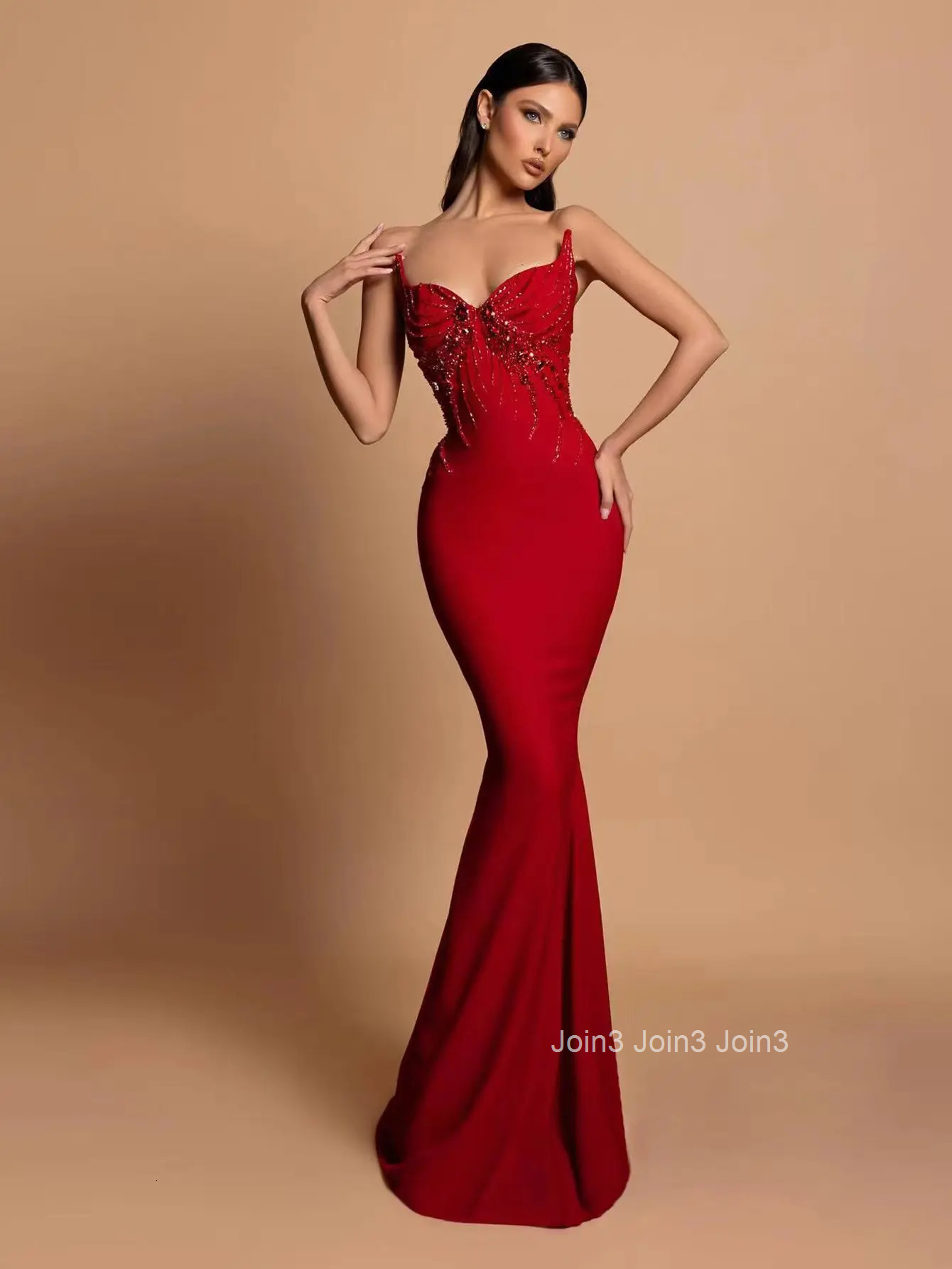 2025 Red V-Neck Mermaid Evening Dress Beaded Embroidery Formal Gowns for Weddings Galas Slim Fit Elegant Red Carpet Luxury
