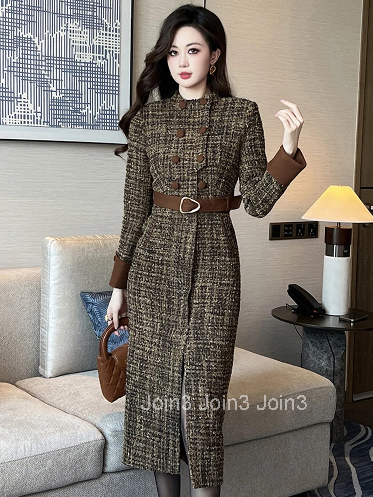 Women Clothes Retro Tweed Formal Occasion Double Breasted Belt Slim Midi Pencil Dress Elegant Vestidos Casual Autumn Winter New