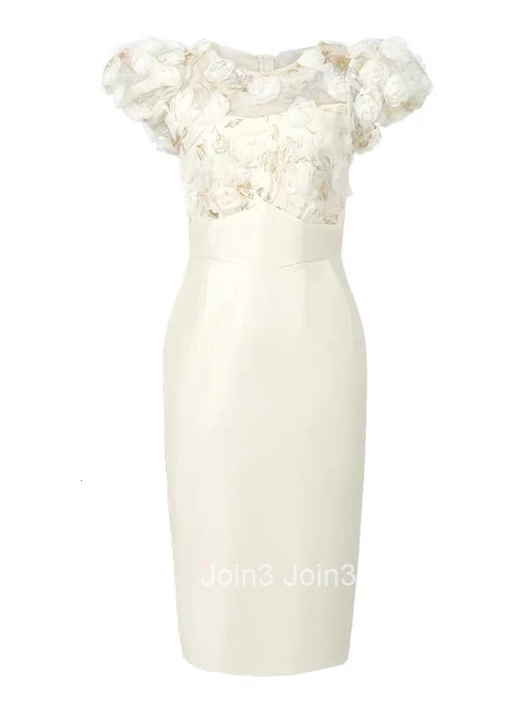 New Summer Fashion Flower Sheer O-Neck Evening Dress Women Clothes Elegant Luxury Sweet Puff Sleeve Slim Midi Party Prom Vestido