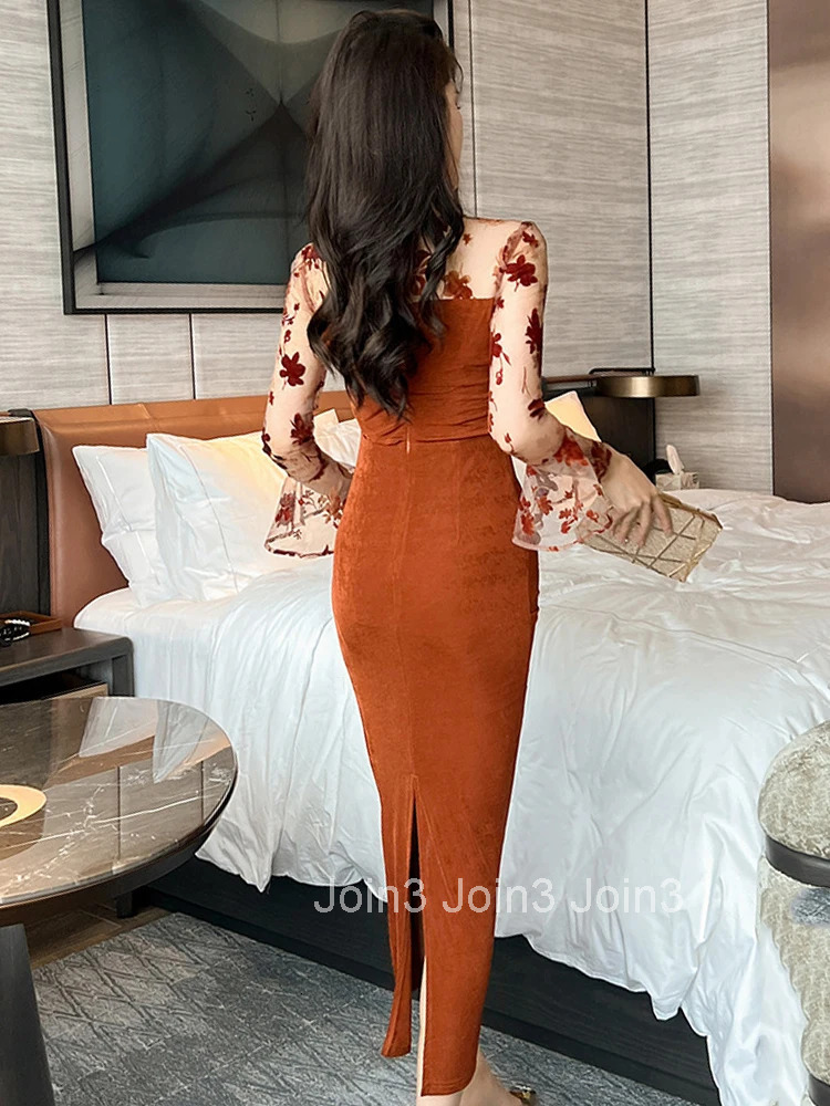 Fashion Ladies Chic Mesh Splic Sheer Sexy Long Prom Dress Women Mujer Elegant O-Neck Skinny Vestidos Robe Femme Stretchy Clothes