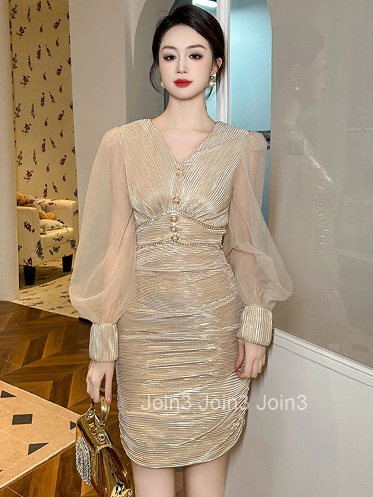 New Fashion Lady Sparkly Gold Bright Silk Evening Short Dress Women Clothing Elegant Luxury Sexy V-Neck Slim Party Prom Vestidos