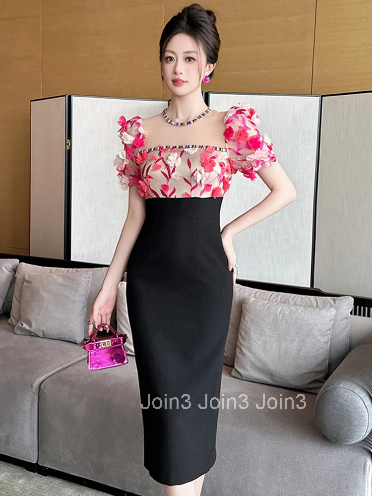Women Clothes Sweet Floral Sexy Puff Sleeve Slim Midi Pencil Dress Elegant Luxury Fashion Evening Party Vestidos Formal Occasion