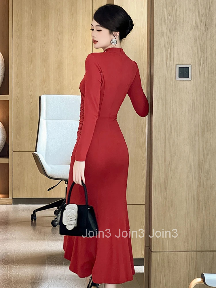 Women Stretchy Clothes Hollow Sexy Stand Neck Skinny Midi Fishtail Dress Elegant Ladies Commute Fashion Party Vestidos Robe New