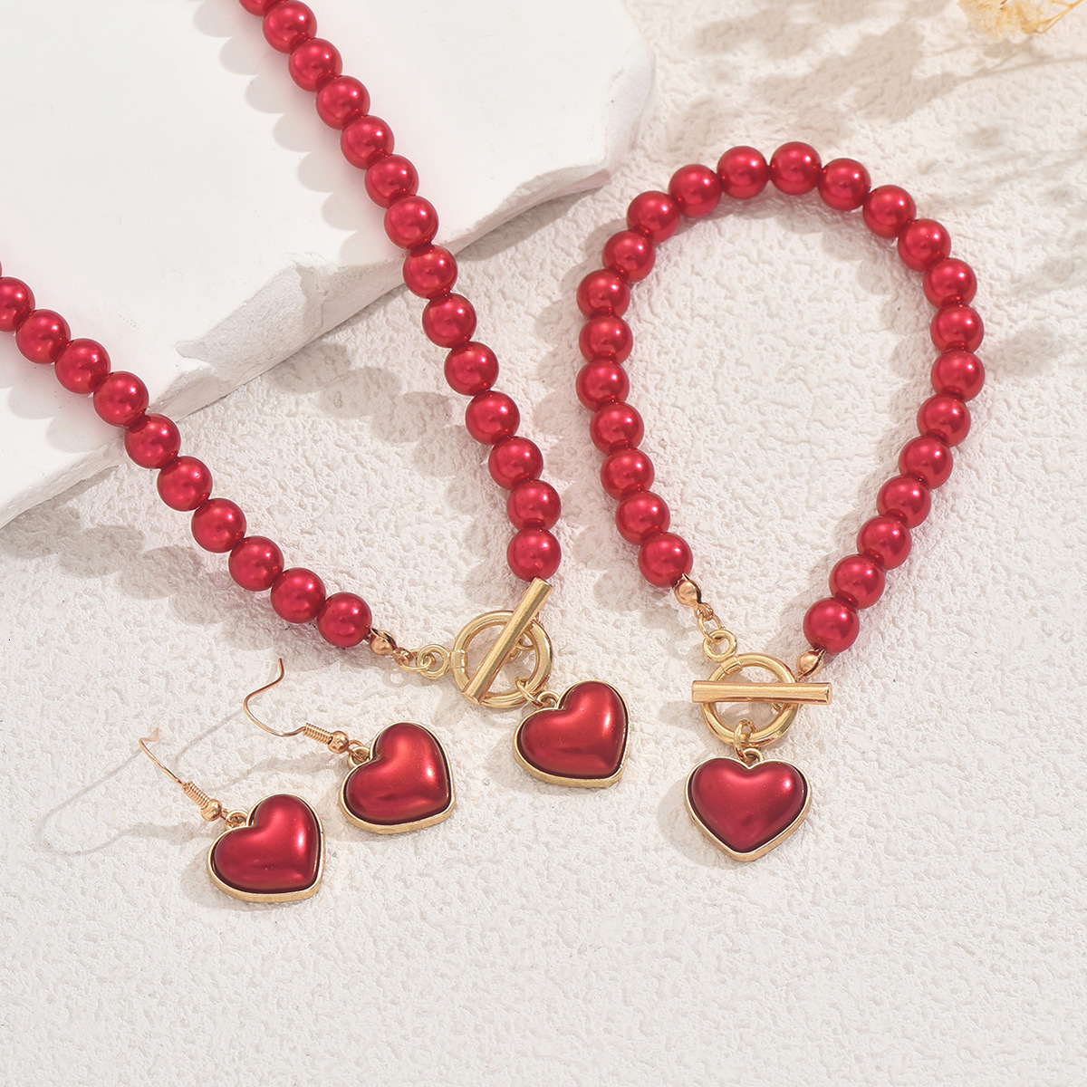 New Women's Jewelry Set Heart Woven Pearl Design Necklace Earrings Hand Accessories