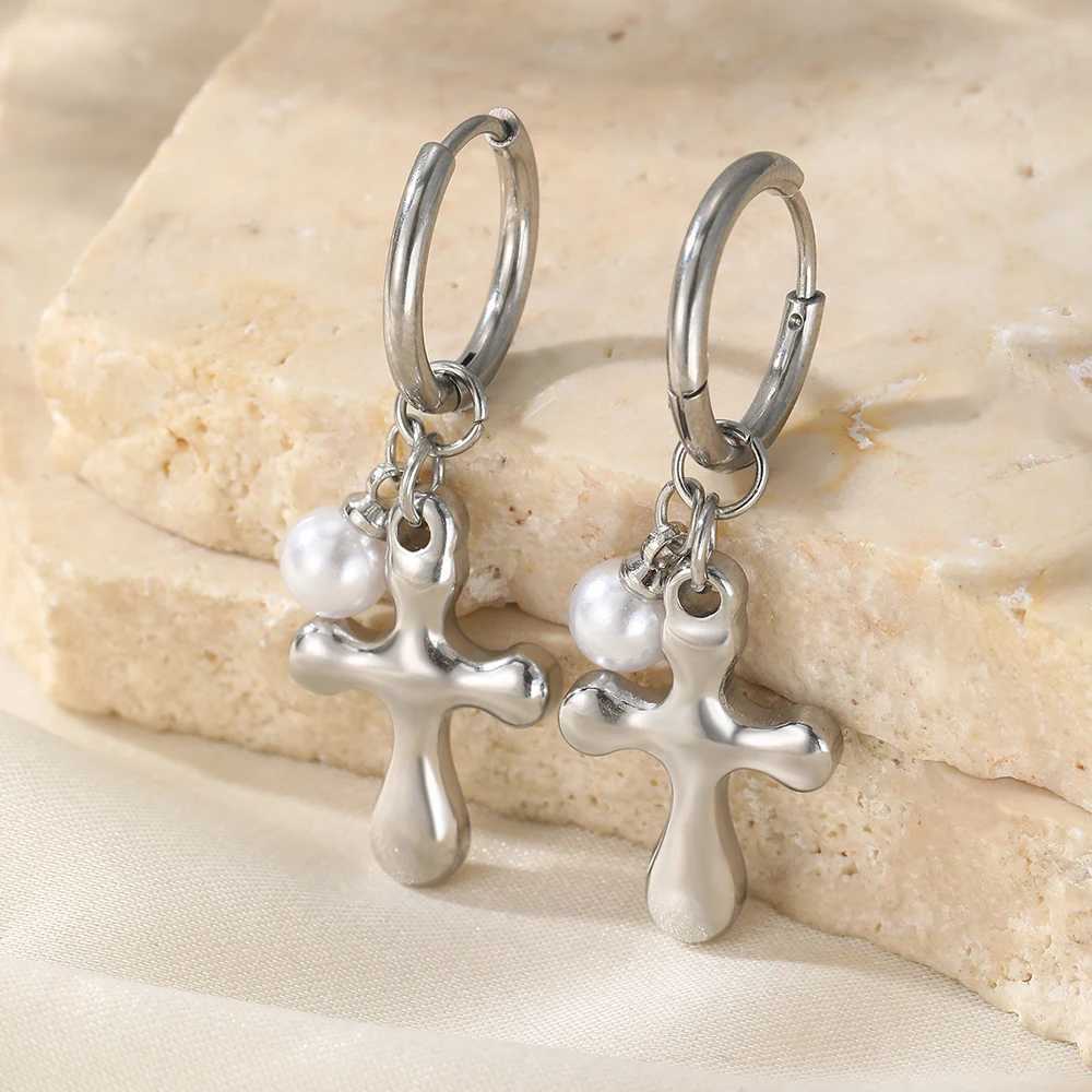 Stainless Steel Earrings Light Luxury Simple Premium Cross Small Pearl Earrings For Women Jewelry Party Commuter Matching XJ250623