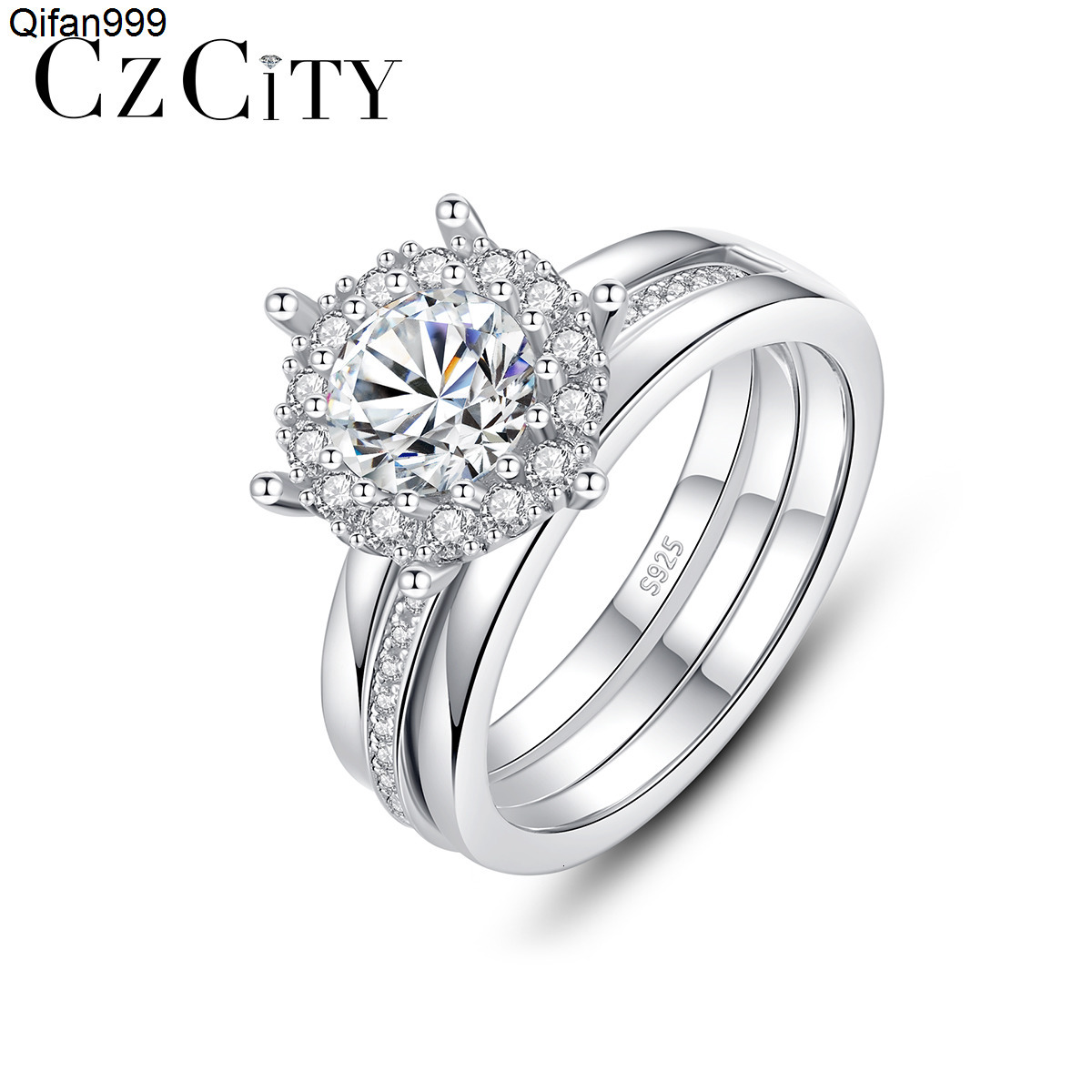 CZCITY 1ct Moissanite 925 Sterling Silver Big Cocktail Moissanite Diamond Wedding Promise Ring Set