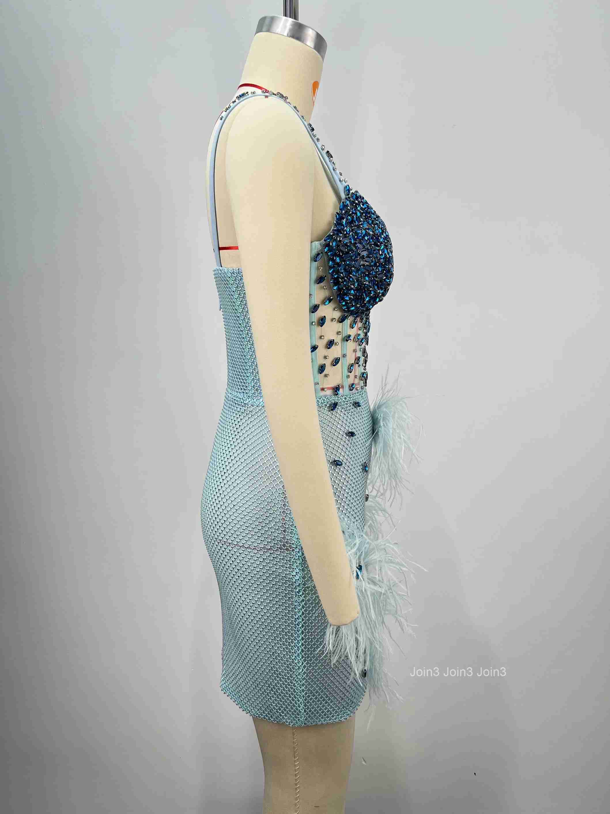 Sapphire Blue Sequin Evening Gown Feather Trim Bandage Dress Mesh Skirt Thin Straps Back Zipper Formal Party Dress