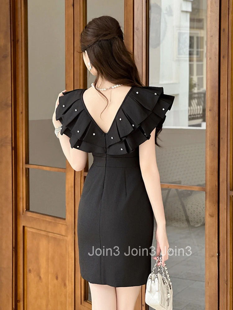 New Summer French Elegant Birthday Evening Dress Women Clothes Sweet Ruffle V-Neck Slim Pencil Short Party Prom Vestidos Commute