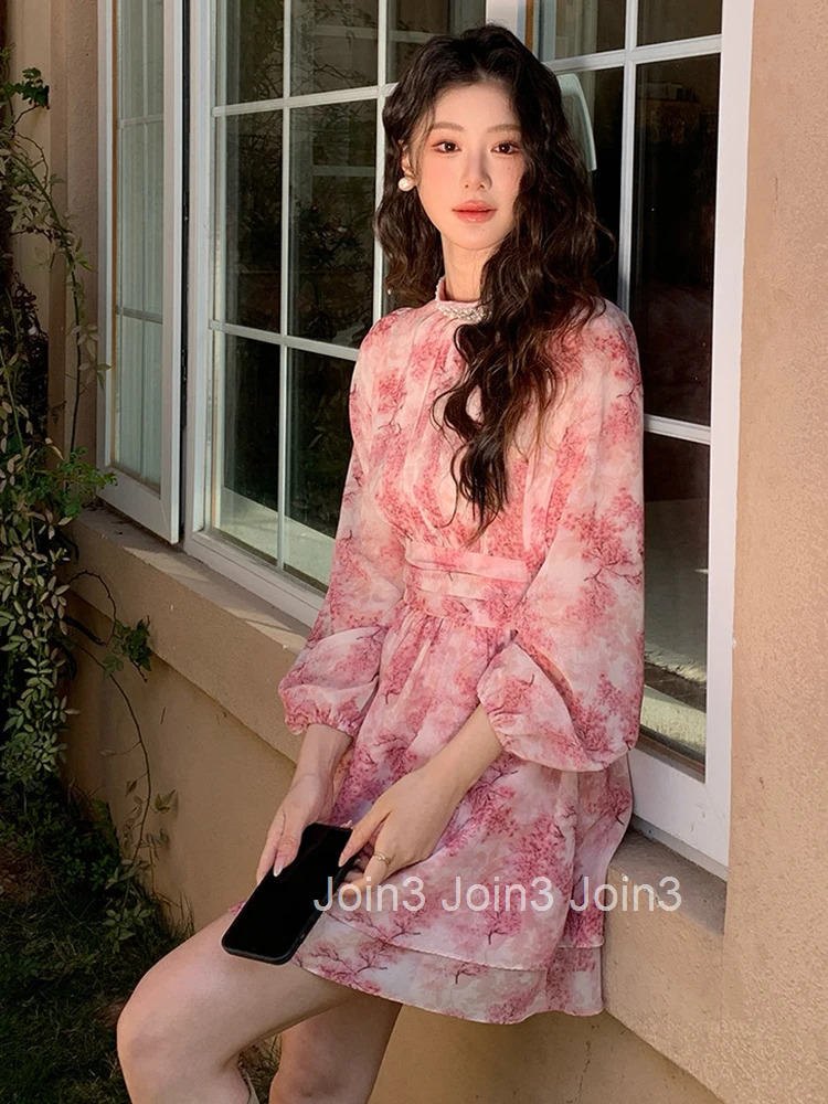 Women Vacation Clothes Sweet Pink Chiffon Floral Print O-Neck Slim Mini Short A-Line Dress Elegant Fashion Party Vestidos Casual