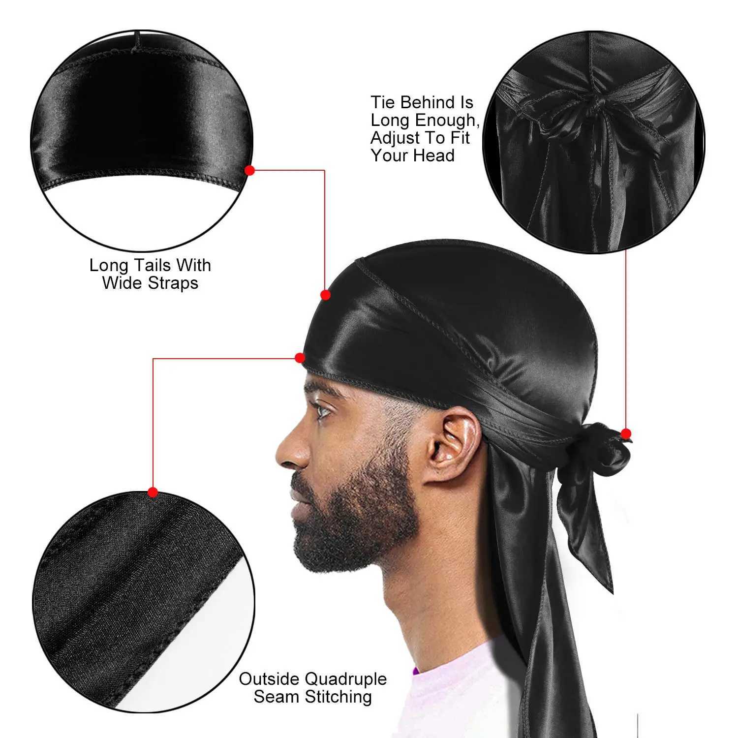 Satin Durag Turban Hat Wigs Durag Biker Headwrap Pirate Hat Cap For Men Hair Accessories Long Tail Straps Bandanas 1Pcs M250623