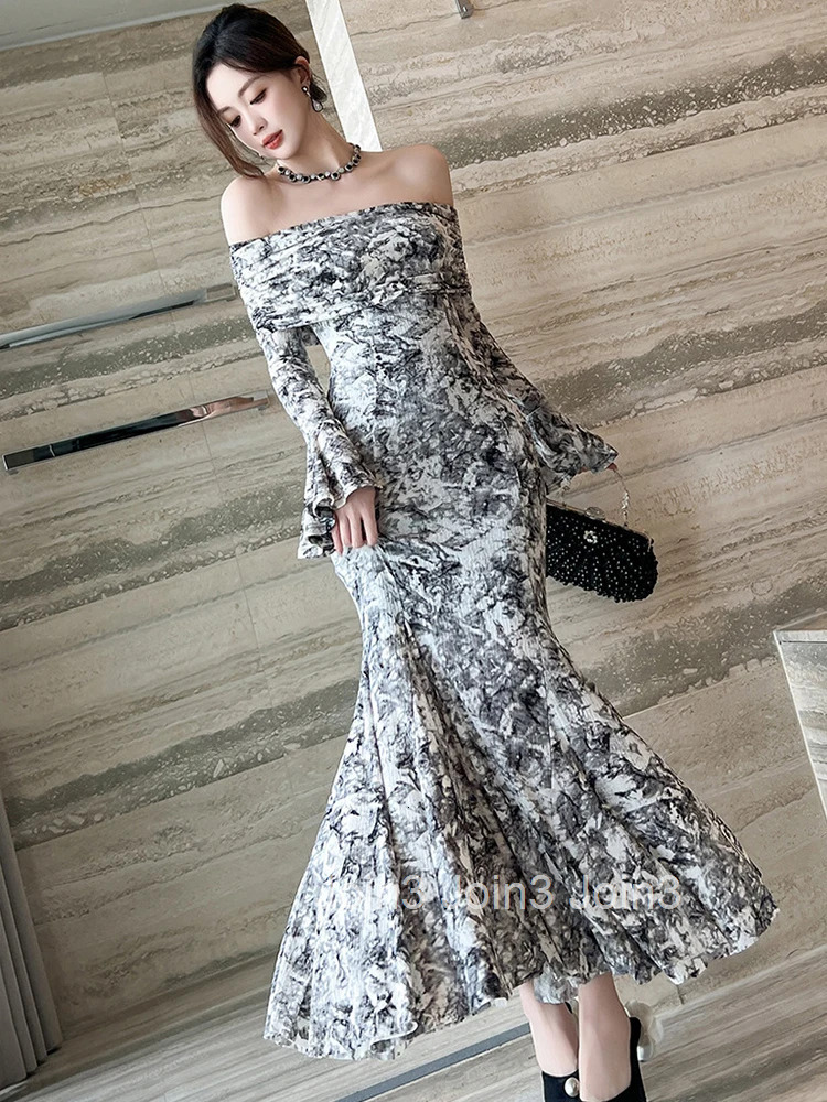 Autumn Fashion Casual Print Flare Sleeve Stretchy Dress Women Clothes Elegant Sexy Off-Shoulder Skinny Long Robe Party Vestidos