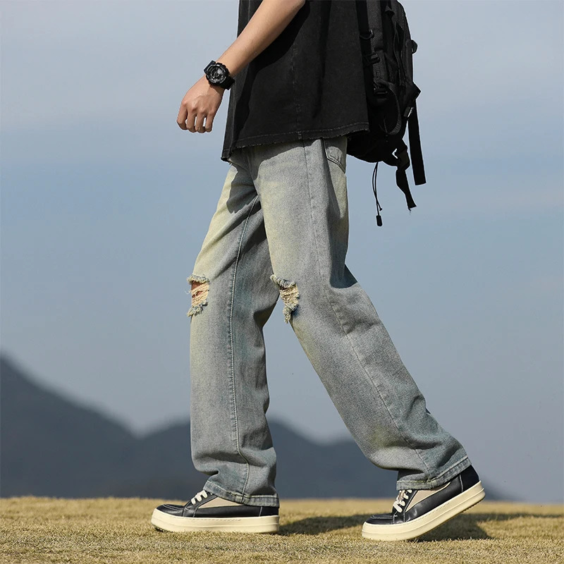 Mens denim pants - Summer American retro straight leg jeans loose and breathable high street fashion ripped casual pants 250617
